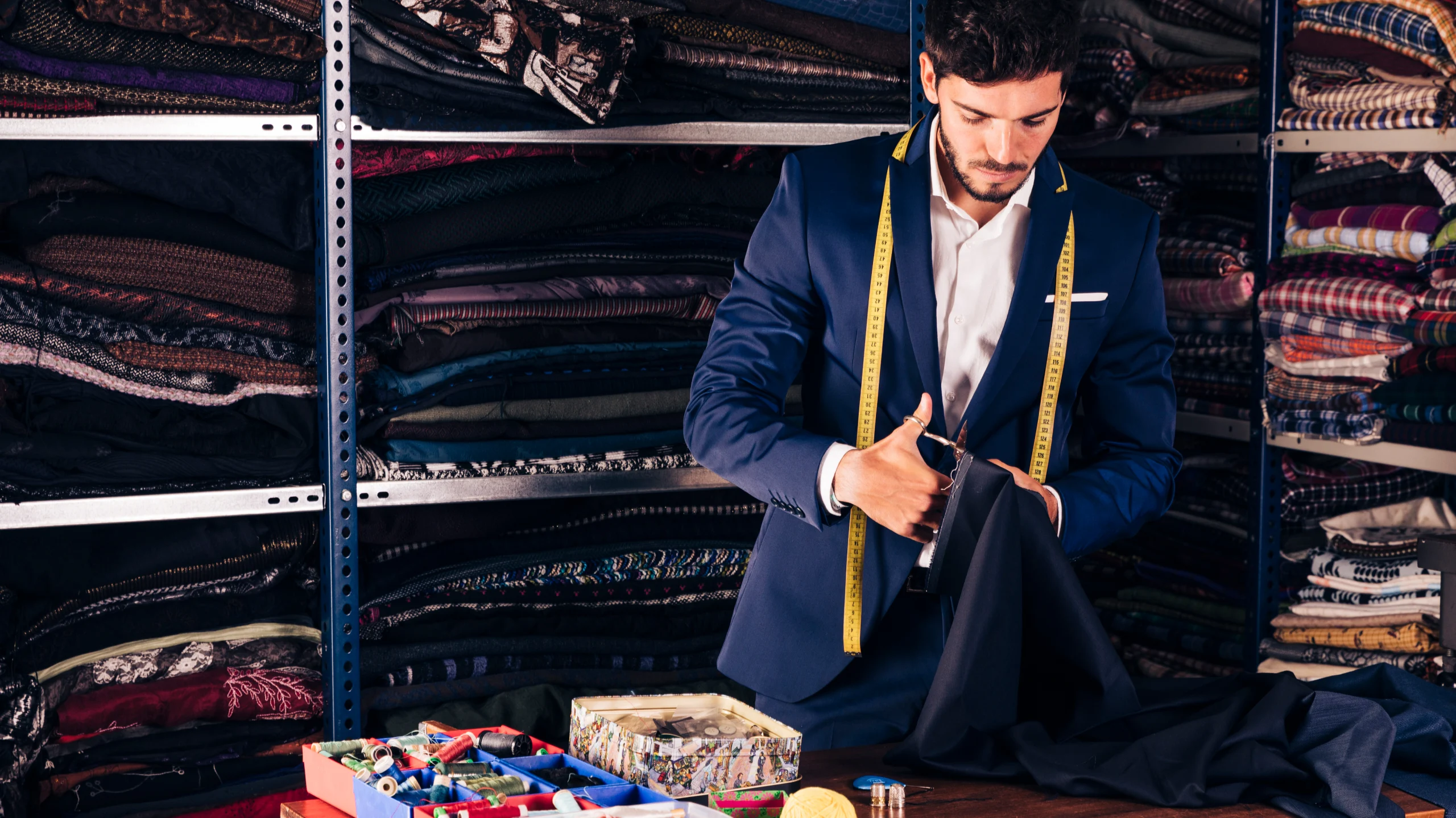 Tailor in blue suit measuring and cutting fabric for custom tailoring inside fabric shop