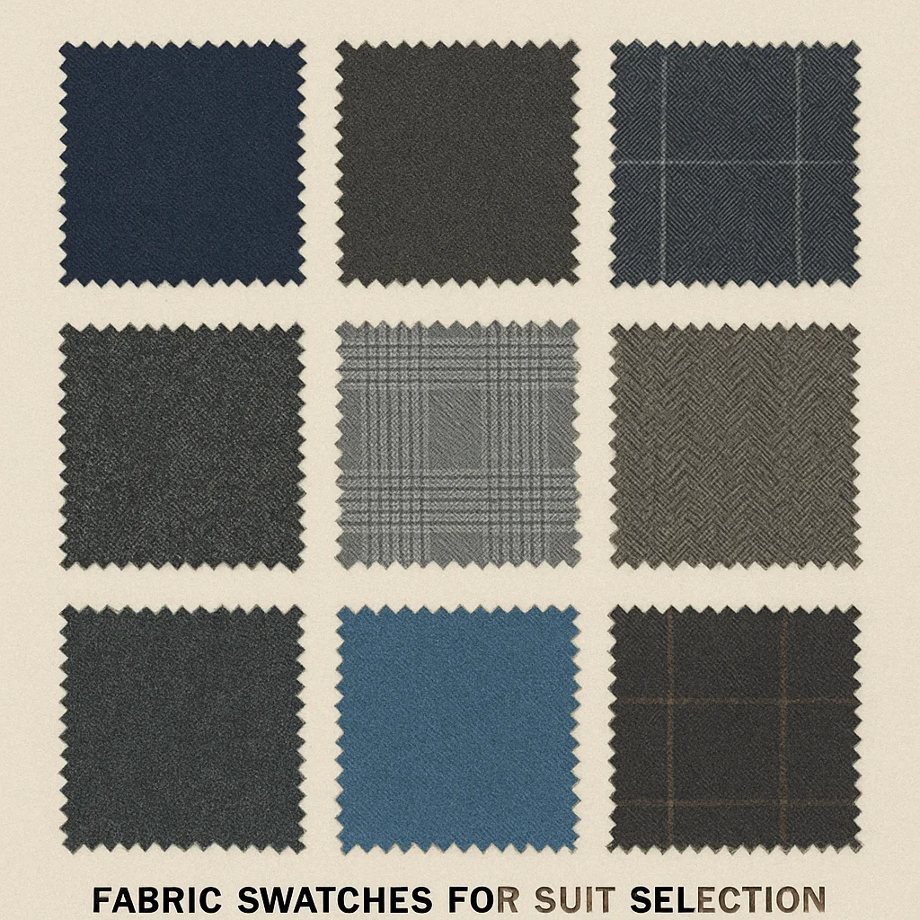 Collection of fabric swatches in different colors and patterns for tailored suit design