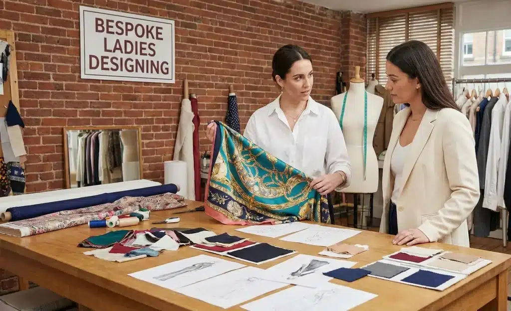 Fashion designer measuring a custom blue beaded gown for bespoke ladies designing in a studio with sketches on the wall.