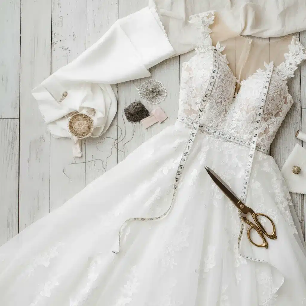 Wedding dress alterations with measuring tape and scissors.