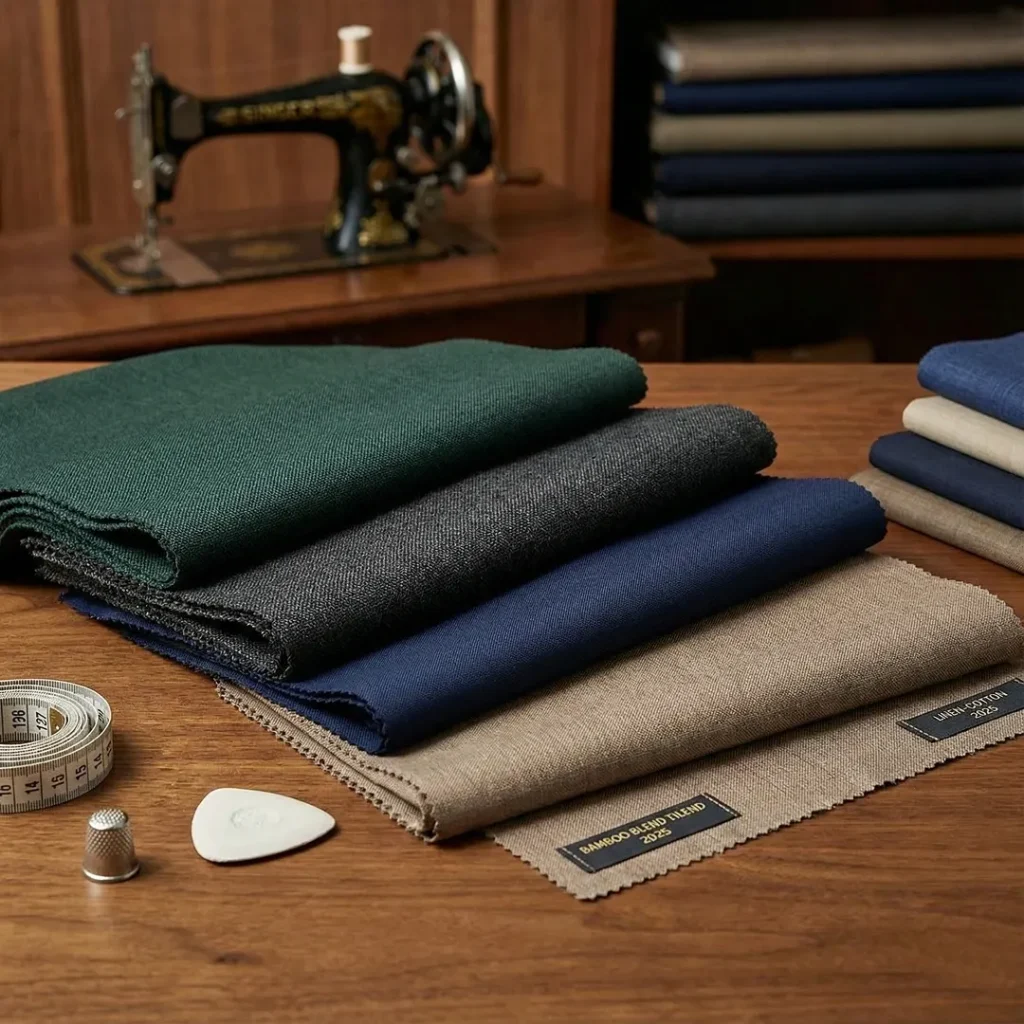 Fabric swatches for style suit tailoring displayed on a tailor’s table with sewing tools.
