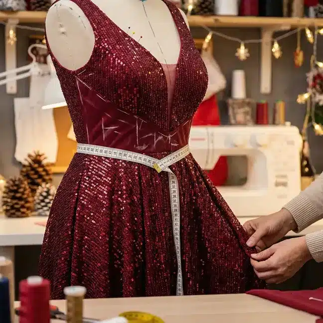Christmas Party Dress Alterations What to Expect Tailor adjusting a red sequin Ball Gown on a mannequin in a professional studio where dinner suit and evening wear alterations are performed