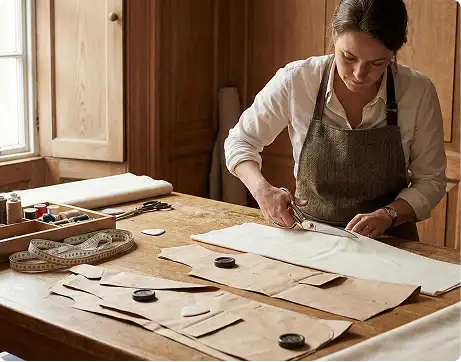 Skilled tailor creating custom ladies bespoke garment pattern