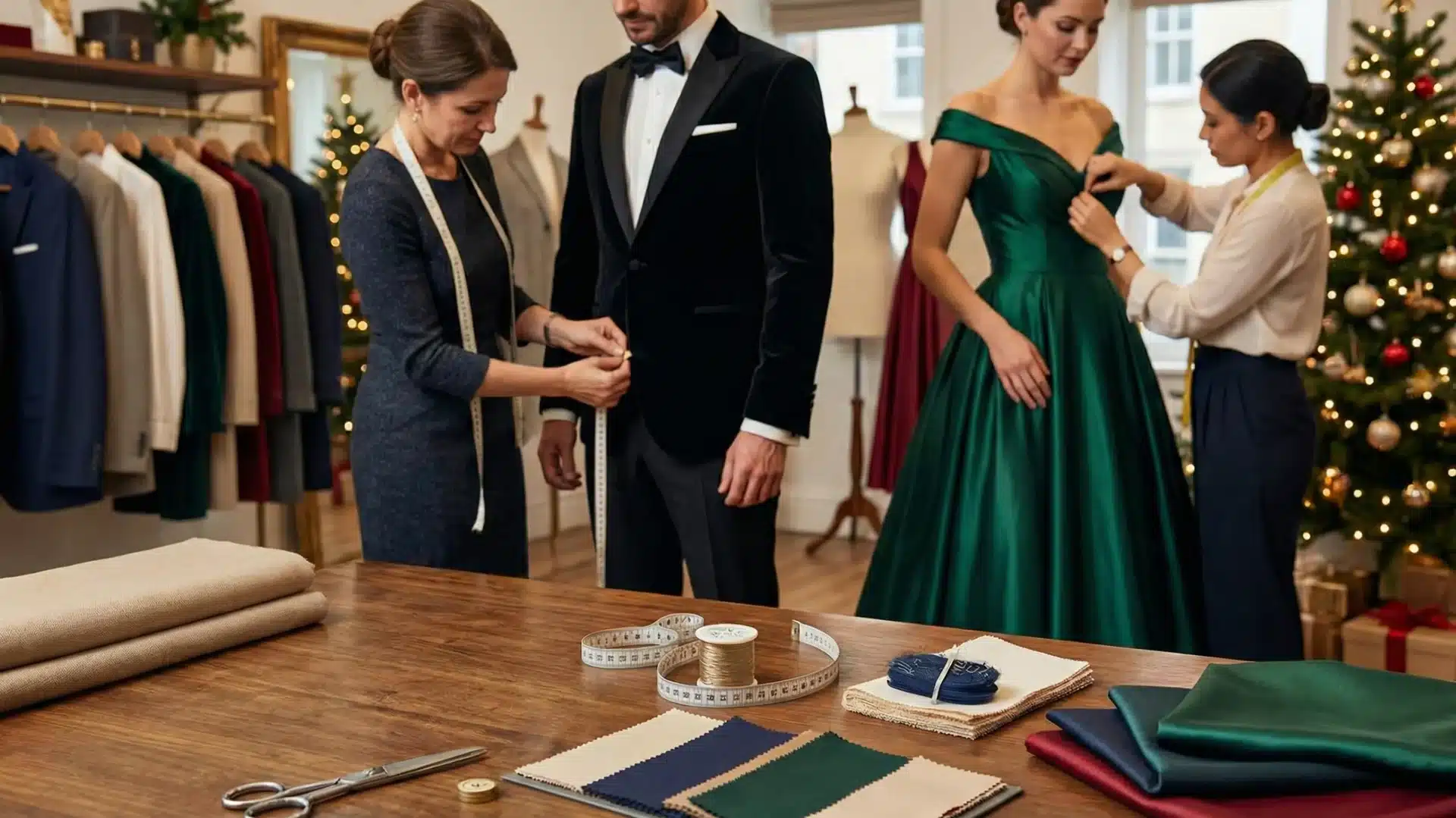 Tailors adjusting Ball Gowns and a men’s dinner suit in a professional tailoring studio decorated for the festive season