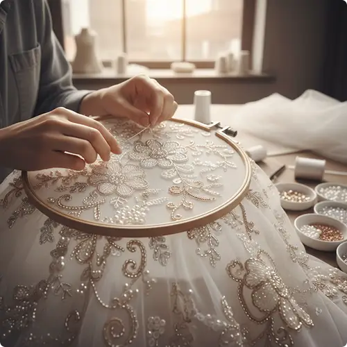 Professional tailor reshaping and restyling a prom dress on a mannequin to improve fit and silhouette in an alteration studio