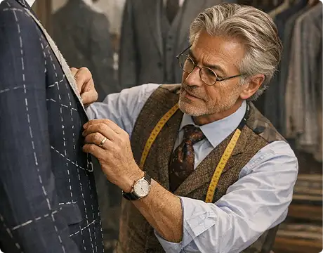 Master tailor taking precise measurements and marking fabric during bespoke suit fitting at City Tailors