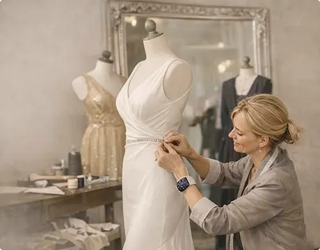 Expert tailor adjusting the waist of a bridal gown on a mannequin during professional wedding dress alterations