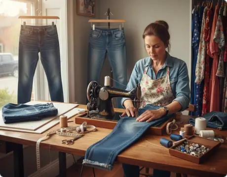Women’s jeans alteration in progress by a professional tailor at City Tailors, showcasing expert denim fitting and stitching