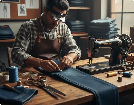 Tailor precisely tapering and shortening men’s jeans using a sewing machine for a clean professional denim fit