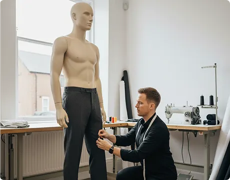 Tailor pinning and adjusting men’s trousers on a mannequin for precise trouser alterations and fit correction