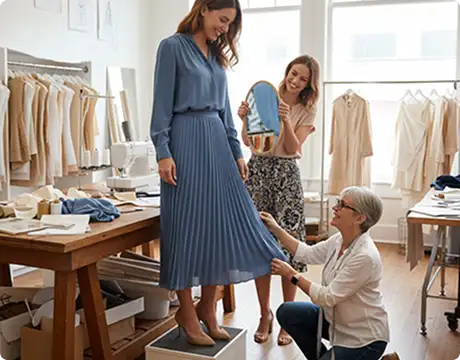 A professional tailor in a studio pinning the hem of a woman's blue pleated midi skirt while a stylist holds a mirror for the client.