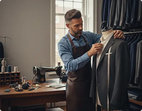 Skilled tailor fitting and pinning a men’s suit jacket on a mannequin for precise suit alterations
