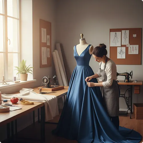 Expert tailor adjusting a blue prom dress on a mannequin in a professional alteration studio