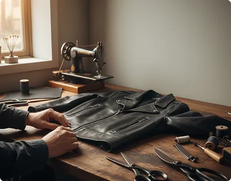 Tailor carefully adjusting and repairing a leather jacket on a workbench using specialist tools for leather garment alterations