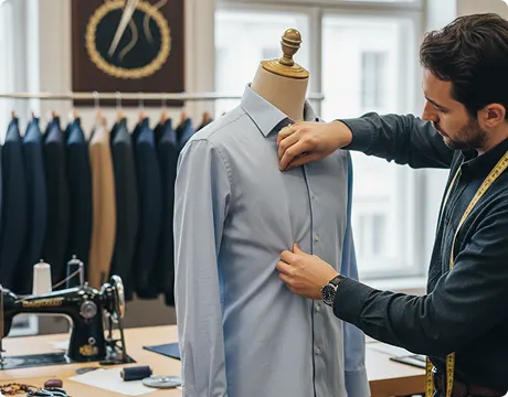 Tailor adjusting the fit of a men’s shirt on a mannequin during professional shirt alterations