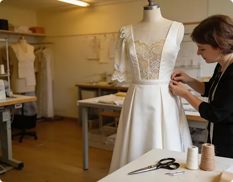 Expert tailor adjusting bridal wedding dress during professional wedding dress alterations