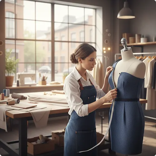 Professional tailor reshaping and restyling a prom dress on a mannequin to improve fit and silhouette in an alteration studio