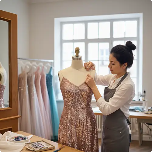 Professional tailor adjusting the shoulder straps of a prom dress on a mannequin during a fitting in an alteration studio