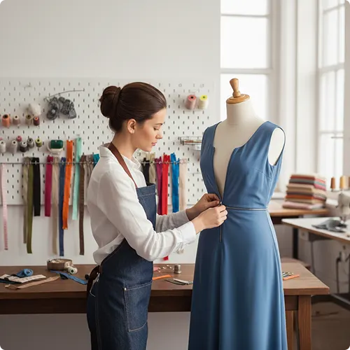 Professional tailor adjusting the back zip of a blue prom dress on a mannequin in an alteration studio