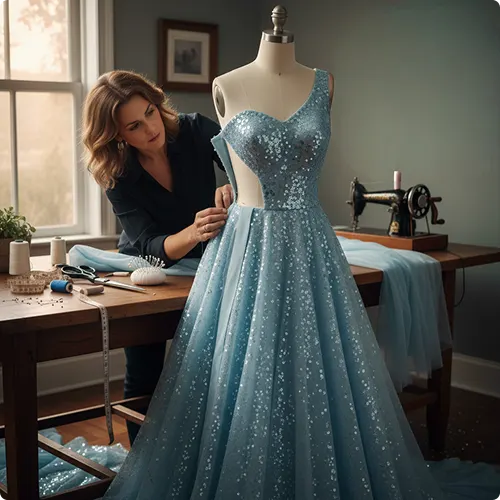 Professional tailor taking in the sides of a prom dress on a mannequin during a precise fitting process