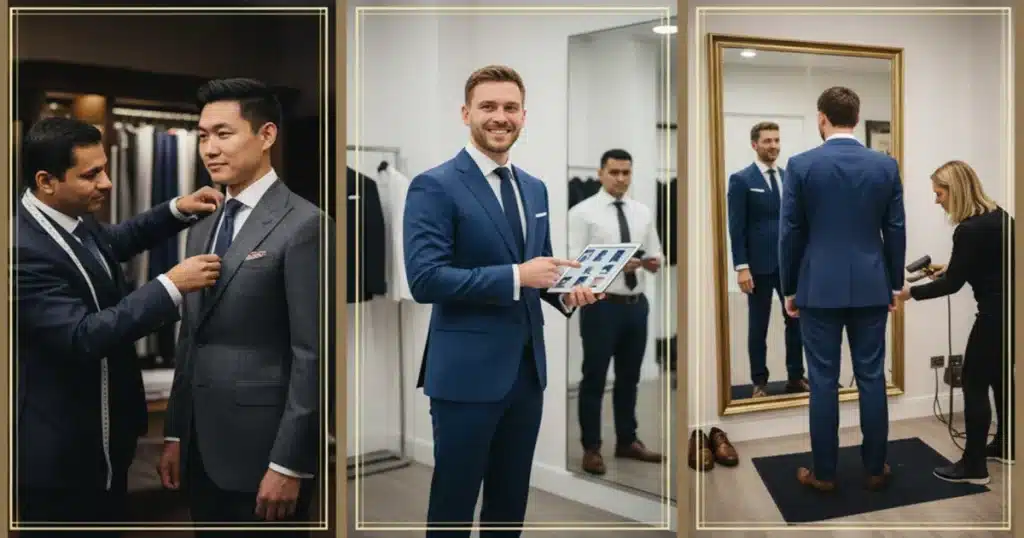 Groom trying on a tailored wedding suit during a professional fitting, with expert styling and alterations at a bespoke tailoring studio