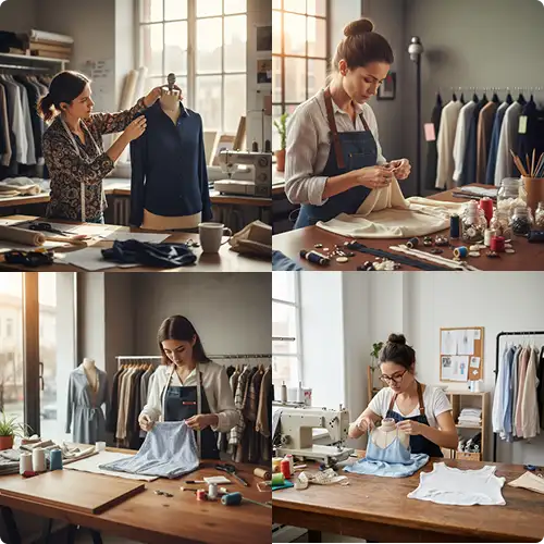 Collage showing women’s top and blouse alterations including fitting, measuring, sewing, and finishing for a perfect fit