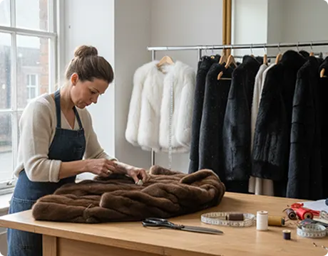 Expert tailor repairing and restyling a women’s fur coat on a worktable during professional fur alteration service
