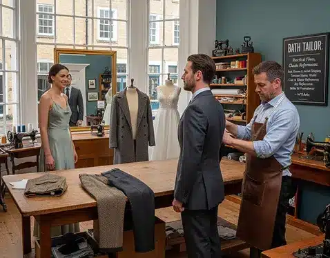 Tailor measuring a man for a custom suit inside a professional tailoring shop while other clients wait nearby.